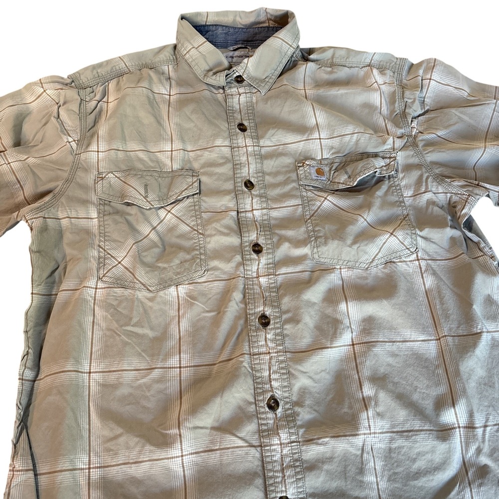 Carhartt‎ Mens Short Sleeve Plaid Button Up Shirt Tan White Workwear Large